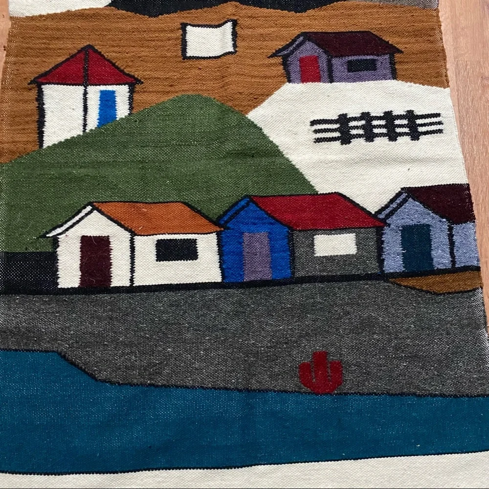 Vintage Blue Green Brown Mountain Village Tapestry